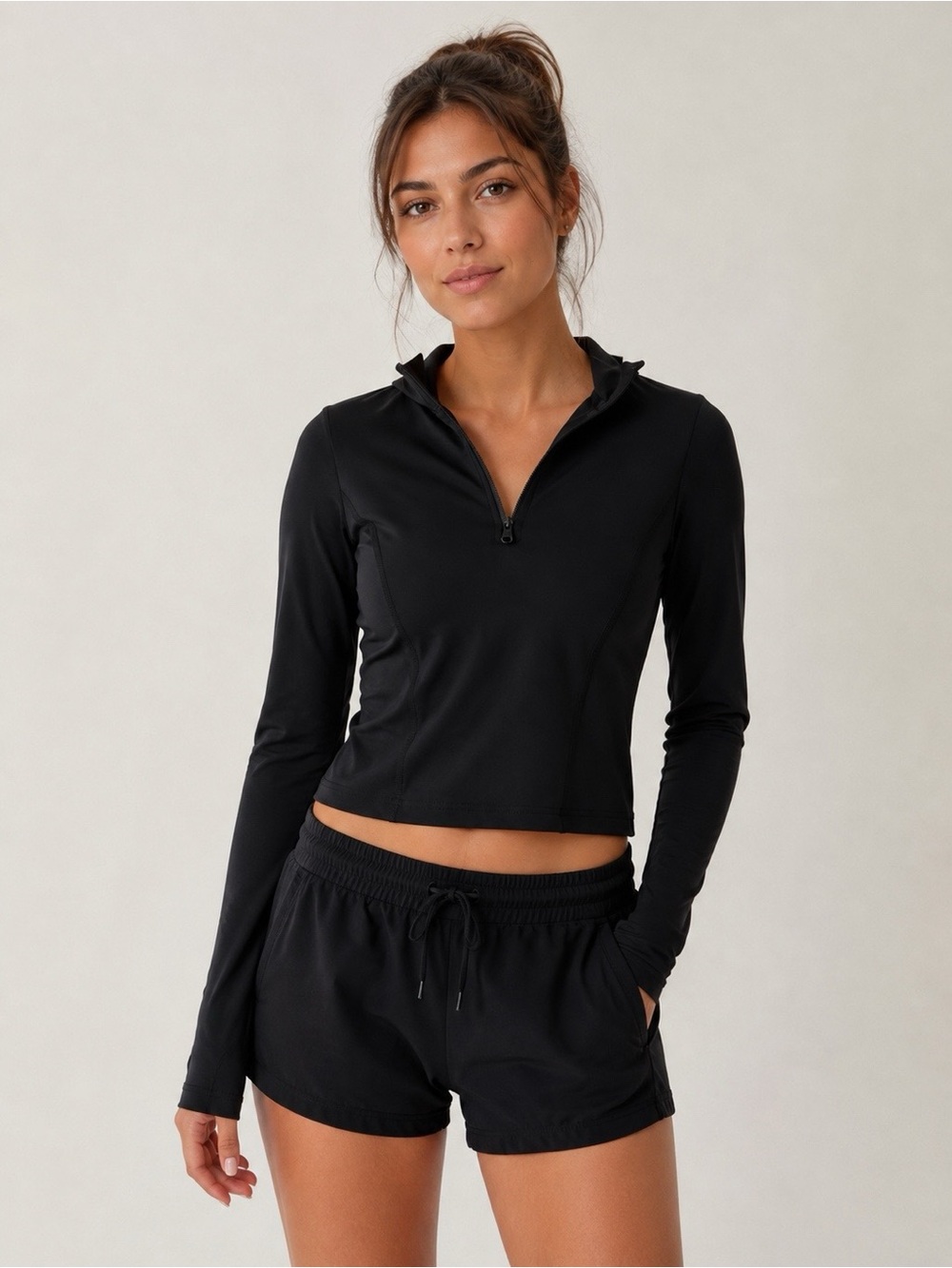 PrettyLittleThing Black Long-Sleeve Cropped Half-Zip Top